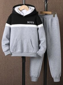 Chicos Pantalones deportivos con capucha con estampado de letra de color combinado con bolsillo de canguro sin camisa - Multicolor - Ver 1