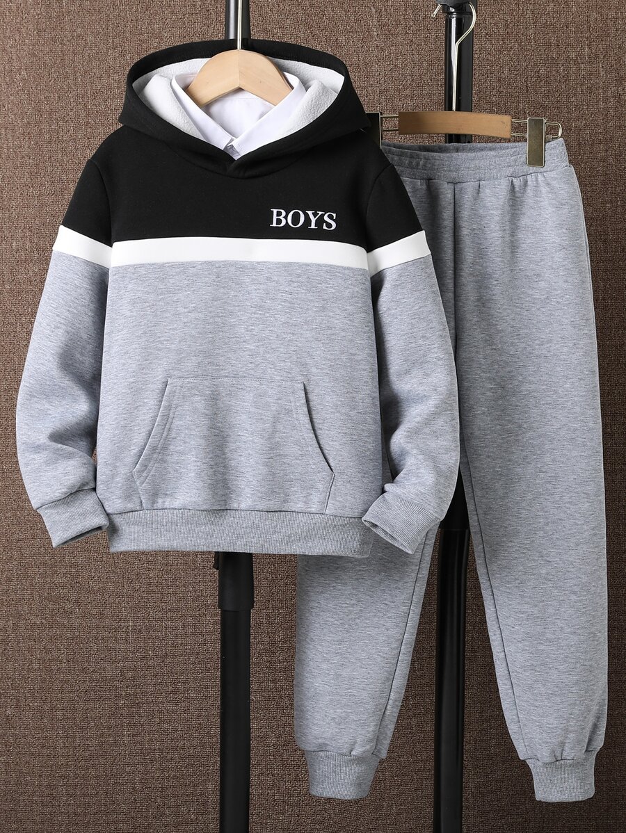 Chicos Pantalones deportivos con capucha con estampado de letra de color combinado con bolsillo de canguro sin camisa - Multicolor - Ver 1