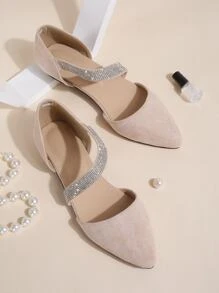Rhinestone Decor Point Toe Faux Suede Ballet Flats Valentines - Pink - View 1