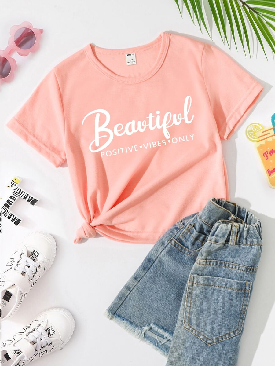 SHEIN Chicas Camiseta con estampado de letra - Rosa - Ver 1