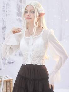 ROMWE Fairycore Contrast Lace Flounce Sleeve Blouse - White - View 2