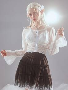 ROMWE Fairycore Contrast Lace Flounce Sleeve Blouse - White - View 6
