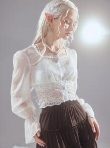 ROMWE Fairycore Contrast Lace Flounce Sleeve Blouse - White - View 1