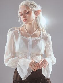 ROMWE Fairycore Contrast Lace Flounce Sleeve Blouse - White - View 3