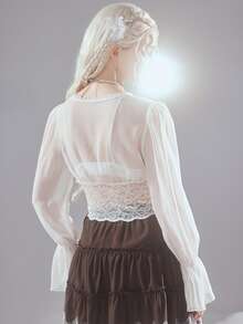 ROMWE Fairycore Contrast Lace Flounce Sleeve Blouse - White - View 5