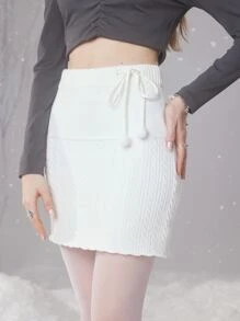 ROMWE Fairycore Pom Pom Cable Knit Skirt - White - View 2