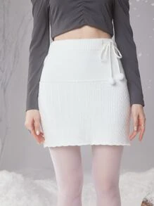 ROMWE Fairycore Pom Pom Cable Knit Skirt - White - View 3
