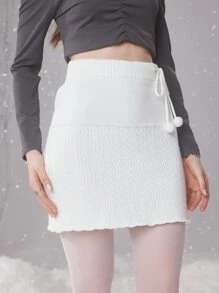 ROMWE Fairycore Pom Pom Cable Knit Skirt - White - View 4
