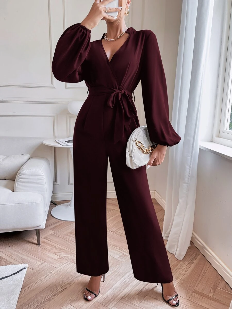 SHEIN Privé Lantern Sleeve Belted Jumpsuit - Maroon - View 1