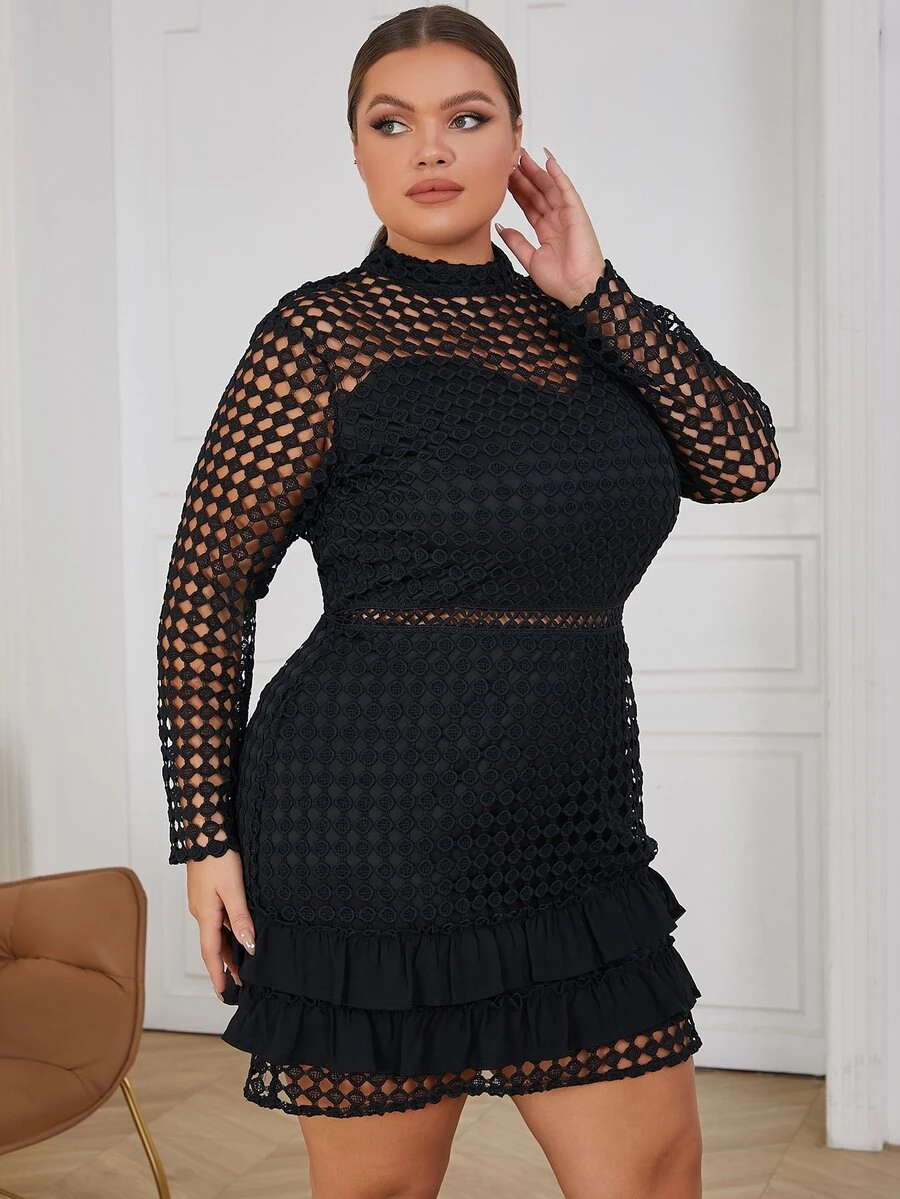 Eilly Bazar Plus Mock Neck Ruffle Hem Dress - Black - View 1