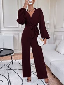 SHEIN Privé Lantern Sleeve Belted Jumpsuit - Maroon - View 3