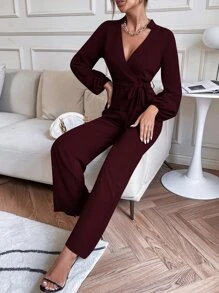 SHEIN Privé Lantern Sleeve Belted Jumpsuit - Maroon - View 6