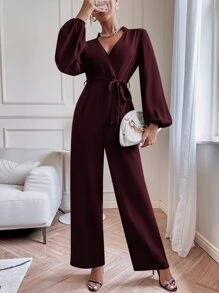 SHEIN Privé Lantern Sleeve Belted Jumpsuit - Maroon - View 7
