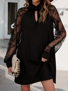 SHEIN Clasi Contrast Lace Keyhole Neckline Raglan Sleeve Dress - Black - View 1
