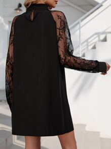 SHEIN Clasi Contrast Lace Keyhole Neckline Raglan Sleeve Dress - Black - View 2