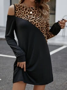 Colourblock Leopard Print Dress - Black - View 1