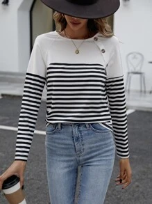 SHEIN Frenchy Áo thun nữ Nút Sọc Giải trí - Đen và trắng - Xem 3