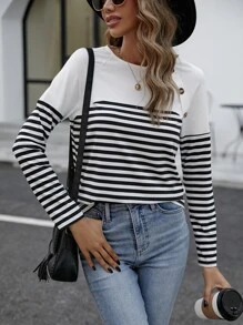 SHEIN Frenchy Áo thun nữ Nút Sọc Giải trí - Đen và trắng - Xem 4