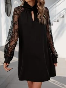 SHEIN Clasi Contrast Lace Keyhole Neckline Raglan Sleeve Dress - Black - View 3