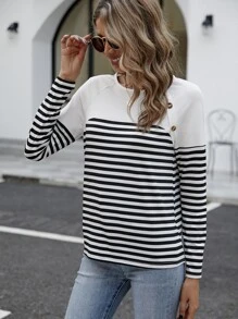 SHEIN Frenchy Áo thun nữ Nút Sọc Giải trí - Đen và trắng - Xem 6