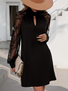 SHEIN Clasi Contrast Lace Keyhole Neckline Raglan Sleeve Dress - Black - View 6