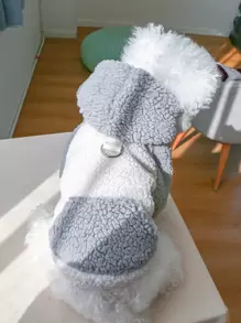 撞色長毛絨連帽寵物外套 - 灰色 - 查看 1