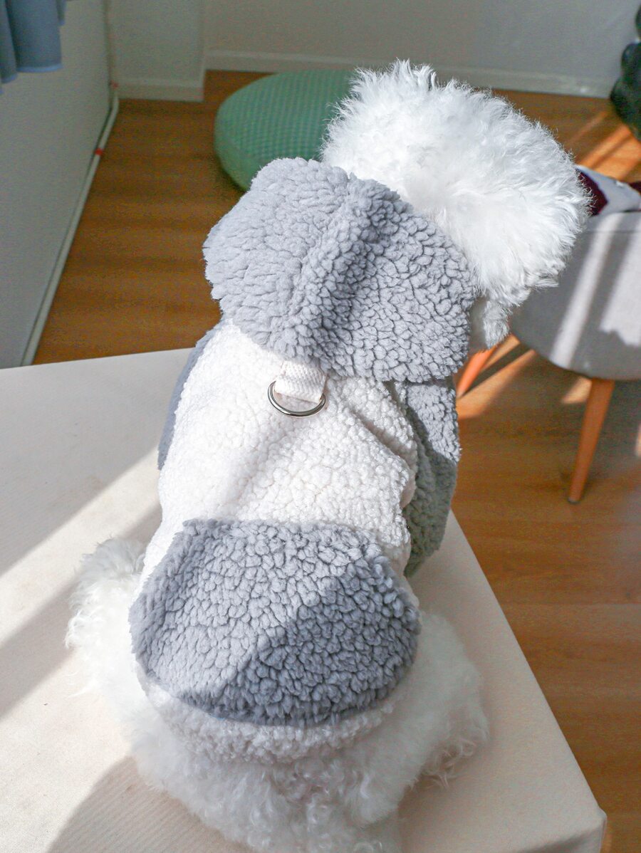 撞色長毛絨連帽寵物外套 - 灰色 - 查看 1