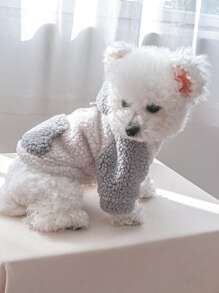 撞色長毛絨連帽寵物外套 - 灰色 - 查看 4