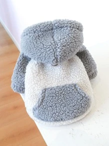 撞色長毛絨連帽寵物外套 - 灰色 - 查看 5