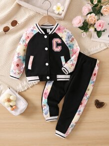 SHEIN 年輕女孩花卉印花拉甘袖運動夾克和運動長褲 - 黑色 - 查看 1