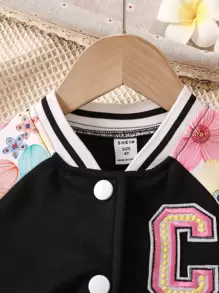 SHEIN 年輕女孩花卉印花拉甘袖運動夾克和運動長褲 - 黑色 - 查看 3