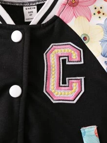 SHEIN 年輕女孩花卉印花拉甘袖運動夾克和運動長褲 - 黑色 - 查看 4