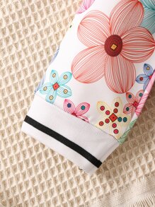 SHEIN 年輕女孩花卉印花拉甘袖運動夾克和運動長褲 - 黑色 - 查看 5