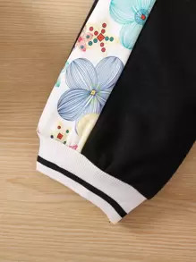 SHEIN 年輕女孩花卉印花拉甘袖運動夾克和運動長褲 - 黑色 - 查看 6