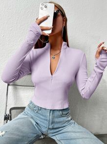 SHEIN EZwear Áo thun nữ Dây kéo màu trơn Giải trí - Màu Lilac Tím - Xem 1