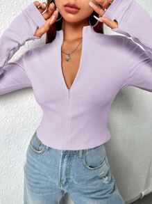 SHEIN EZwear Áo thun nữ Dây kéo màu trơn Giải trí - Màu Lilac Tím - Xem 3