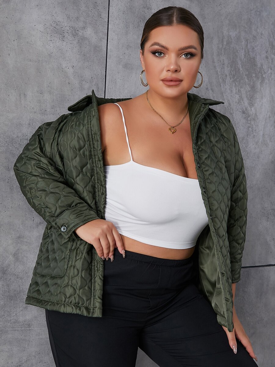 Eilly Bazar Abrigo acolchado de hombros caídos con doble bolsillos - Verde Oscuro - Ver 1