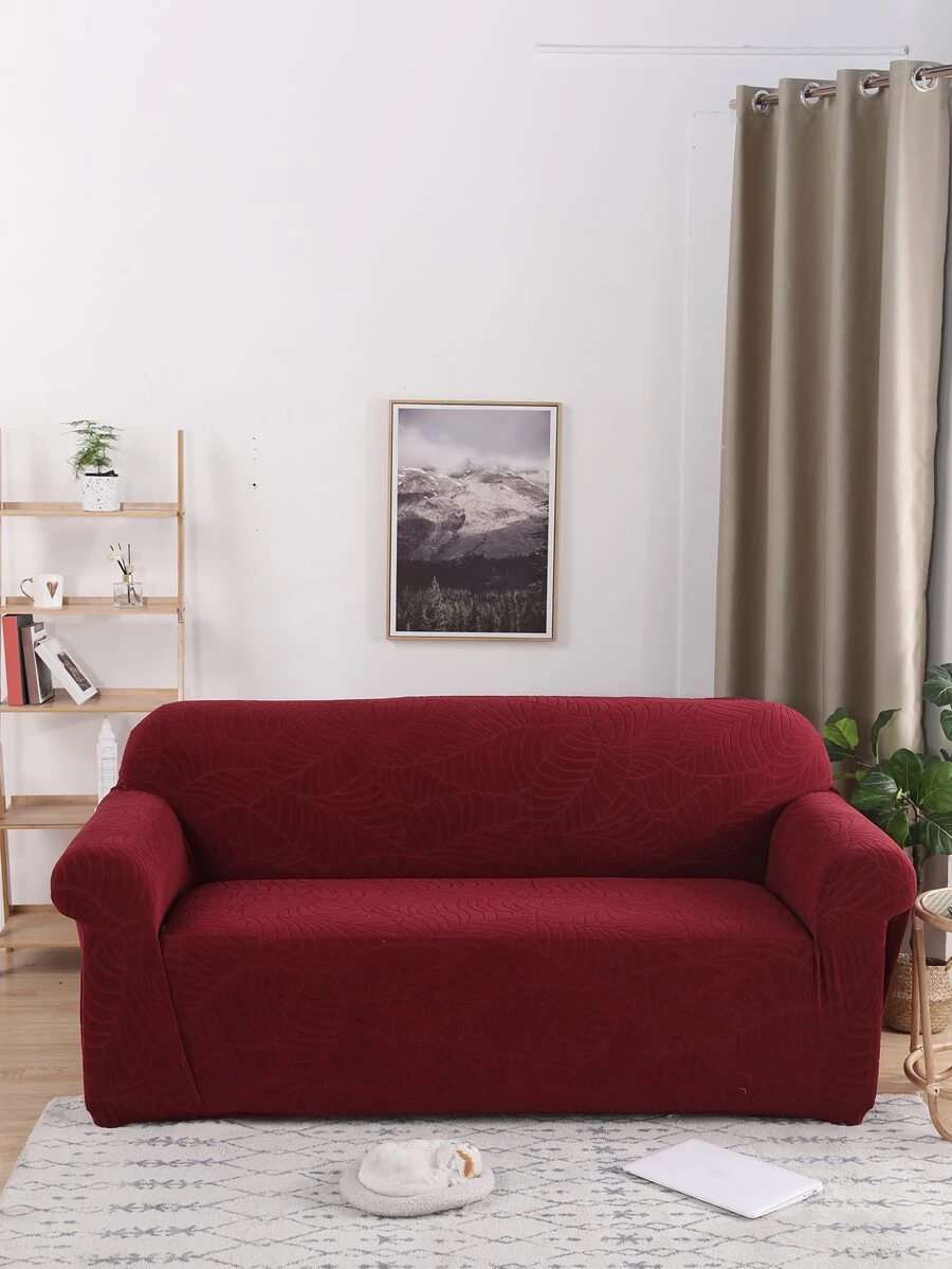 1pc Leaf Jacquard Sofa Slipcover & 1pc Pillowcase Without Filler - Burgundy - View 1