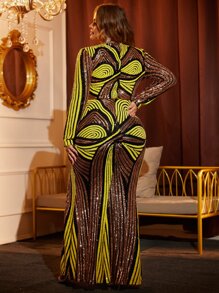 Plus Colorblock Split Thigh Sequins Dress - Multicolor - View 2