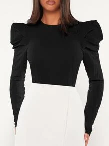 SHEIN Tall Solid Gigot Sleeve Blouse - Black - View 3