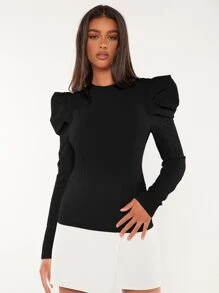 SHEIN Tall Solid Gigot Sleeve Blouse - Black - View 6