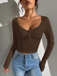 SHEIN EZwear 半扣肋編針織T恤，外出款頂部 - 咖啡棕 - 查看 1