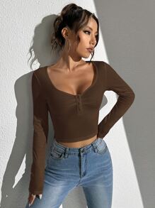 SHEIN EZwear 半扣肋編針織T恤，外出款頂部 - 咖啡棕 - 查看 4