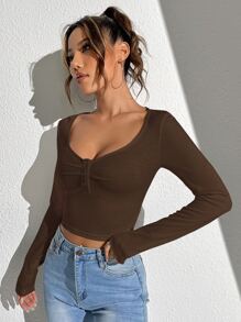 SHEIN EZwear 半扣肋編針織T恤，外出款頂部 - 咖啡棕 - 查看 5