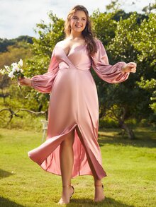 S BETRO Vestido de satén de manga farol de muslo con abertura - Rosa vieja - Ver 5