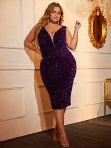 大碼嵌入網紗亮片緊身洋裝 - 紫色 - 查看 5