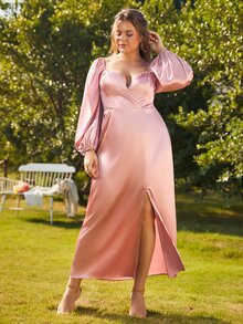 S BETRO Vestido de satén de manga farol de muslo con abertura - Rosa vieja - Ver 4