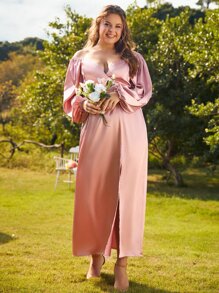 S BETRO Vestido de satén de manga farol de muslo con abertura - Rosa vieja - Ver 1