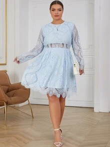 Eilly Bazar Plus Scallop Trim Lace Dress - Baby Blue - View 3