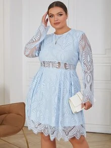 Eilly Bazar Plus Scallop Trim Lace Dress - Baby Blue - View 5